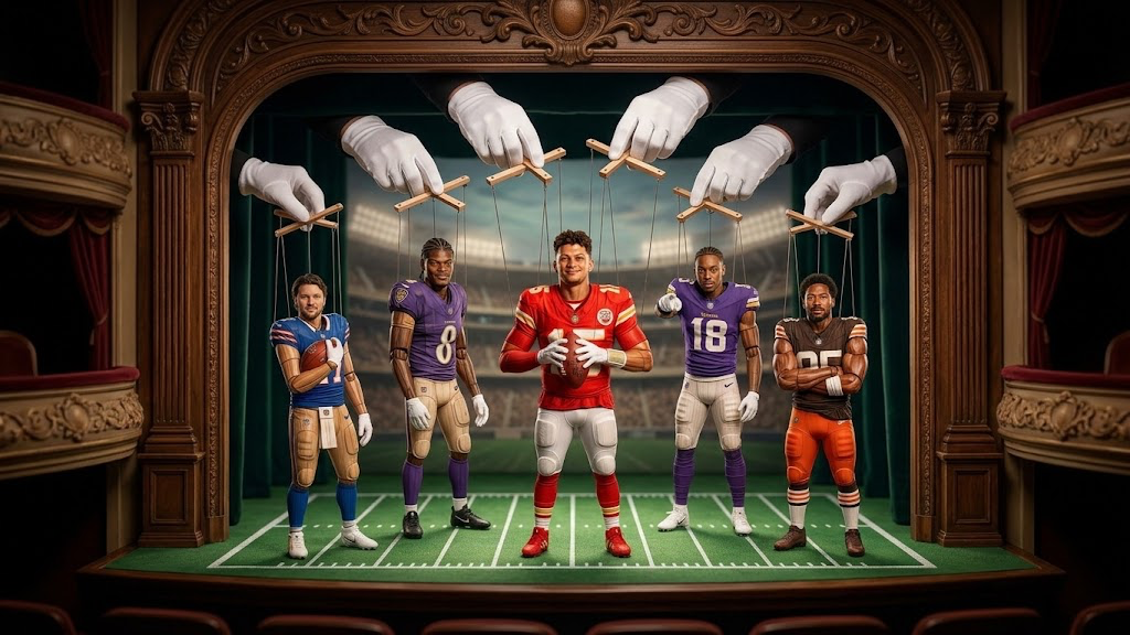 Five NFL players as marionettes on a puppet-theater stage, white-gloved hands working the strings